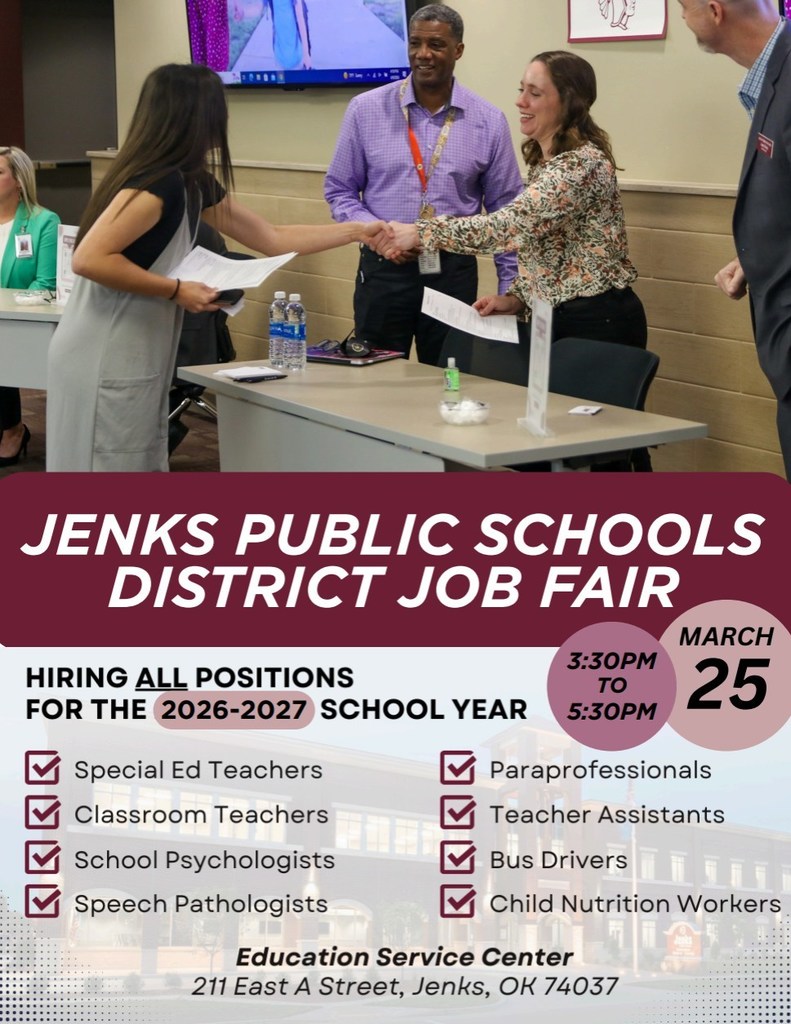 Graphic for the JPS job fair. At the top it is a picture of freshman academy principals shaking hands with an applicant. the bottom says Hiringall positions for the 2026-27 school year. job fair is 3:30-5:30pm on March 25 at the jps education service center