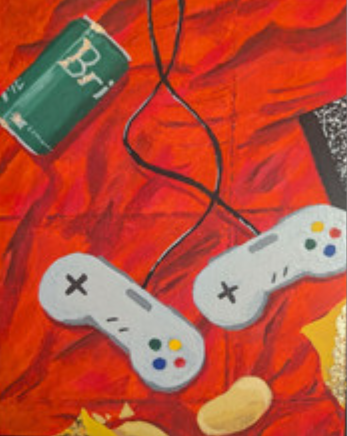 Asher's art. Art shows two gaming controllers on a red background with a soda can and potato chops around.