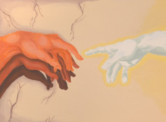 Asher's art. Art show two hands one is in color and the other is in white and grey scale almost touching at the finger tips.