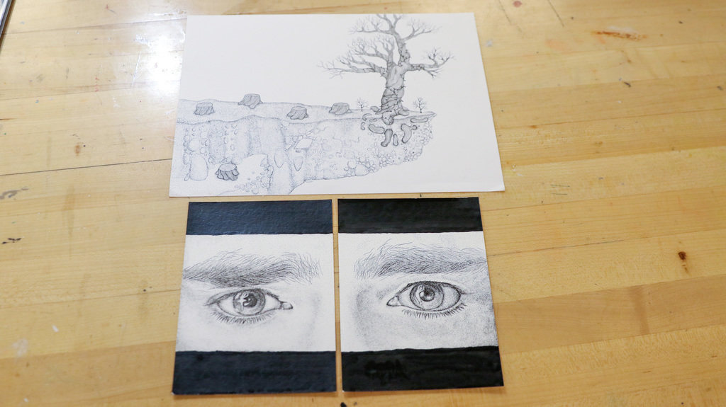 Ryker's art work. Art on top is a drawing of a dead tree and other stumps with a view of what is underground. Under are two separate drawings of an eye and eyebrow.