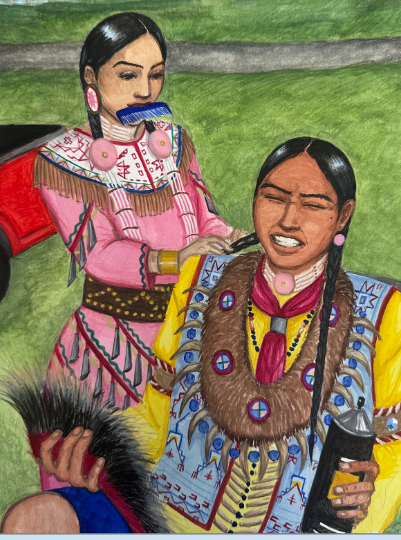 Jada's artwork depicting two Native Americans. One is braiding another's hair.