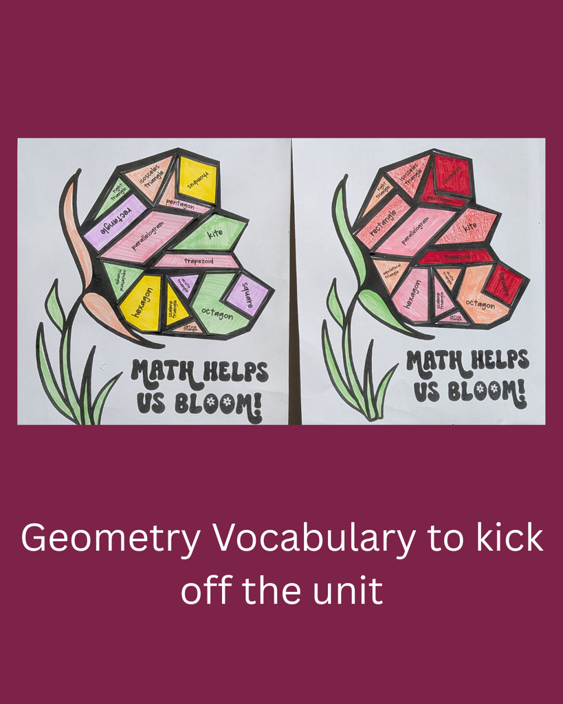 Picture of students work displayed in the hallway.  Text says "Geometry Vocabulary to kick off the unit"