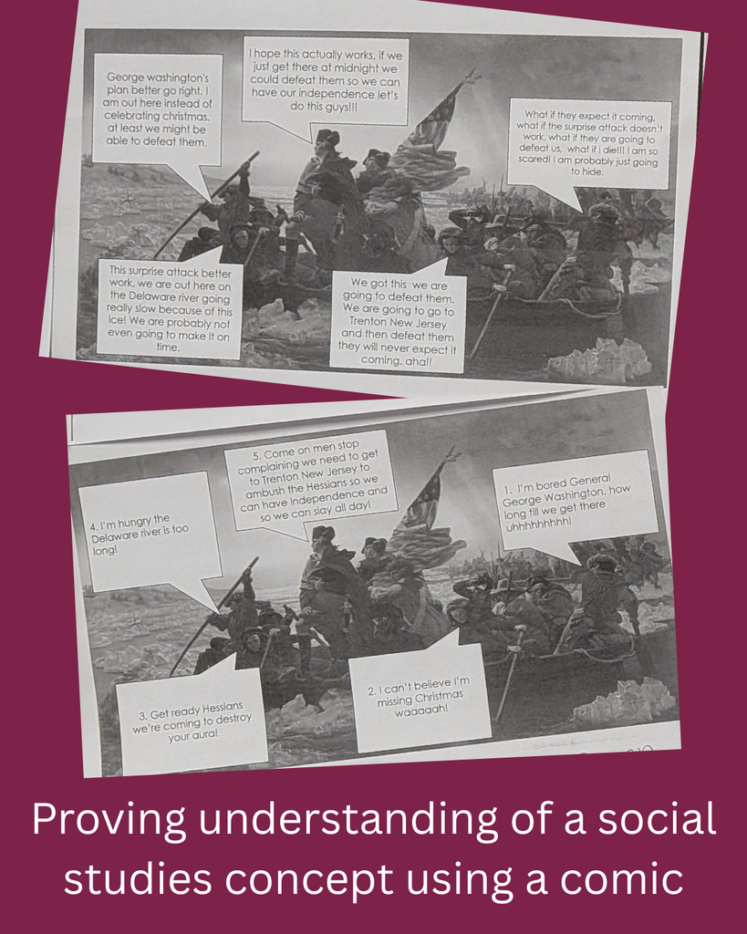 Picture of students work displayed in the hallway.  Text says "Proving understanding of a social studies concept using a comic"