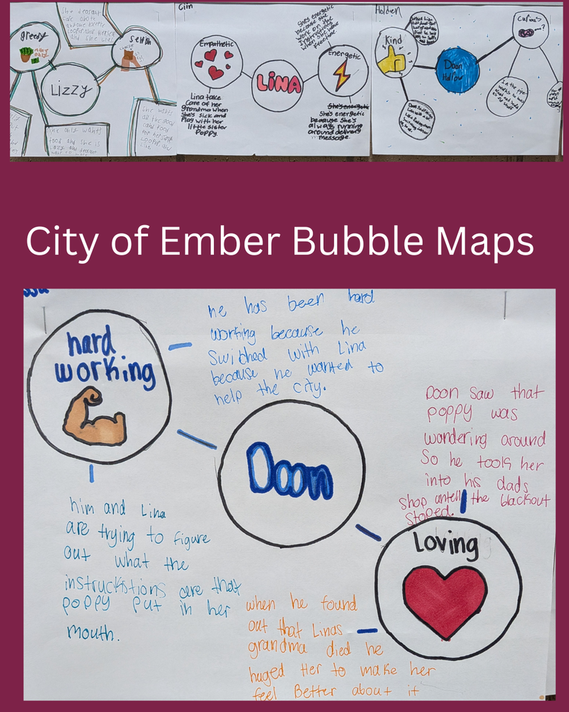 Picture of students work displayed in the hallway.  Text says "City of Ember Bubble Maps"