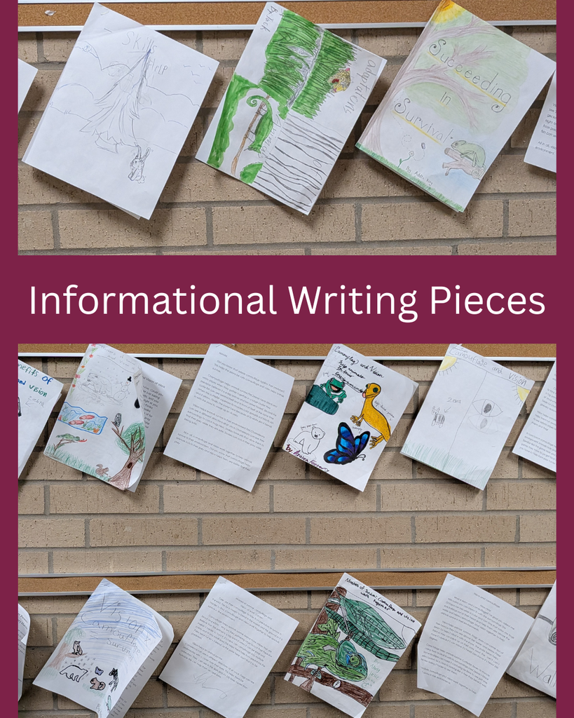 Picture of students work displayed in the hallway.  Text says "Informational Writing Pieces"