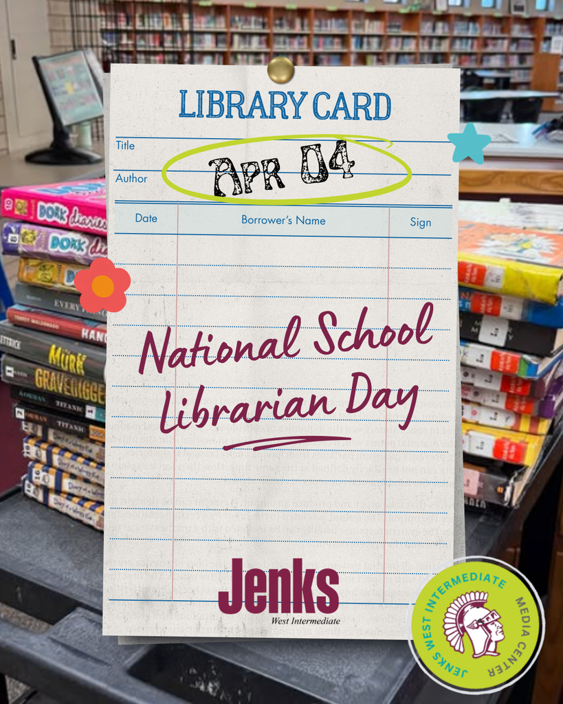 A library scene with shelves of books behind a large library card graphic showing the date Apr 04 and the words National School Librarian Day, along with the JWI school logo.