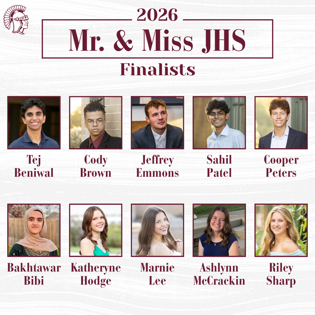 Graphic of the Mr & Miss JHS finalists. Includes a headshot of each finalists and their name. 