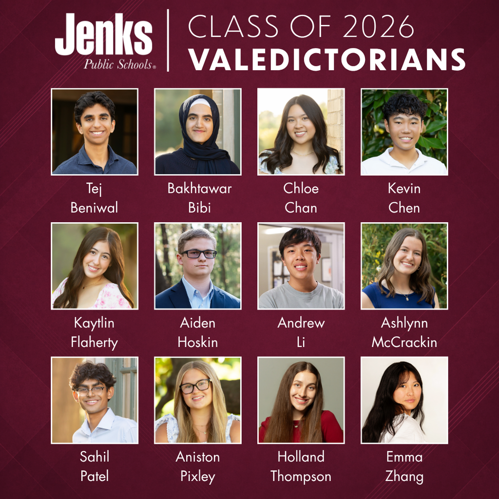 Graphic that has the JPS logo at the top next to the title that says Class of 2026 Valedictorians. It then shows each student's headshot and their names:  Tej Beniwal  Bakhtawar Bibi  Chloe Chan  Kevin Chen  Kaytlin Flaherty  Aiden Hoskin  Andrew Li  Ashlynn McCrackin  Sahil Patel  Aniston Pixley  Holland Thompson  Emma Zhang