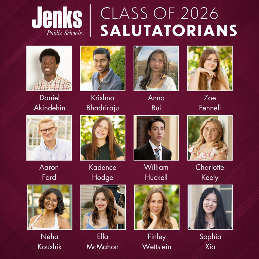 Graphic that has the JPS logo at the top next to the title that says Class of 2026 Salutatorians. It then shows each student's headshot and their names: Daniel Akindehin Krishna Bhadriraju Anna Bui Zoe Fennell Aaron Ford Kadence Hodge William Huckell Charlotte Keely Neha Koushik Ella McMahon Finley Wettstein Sophia Xia