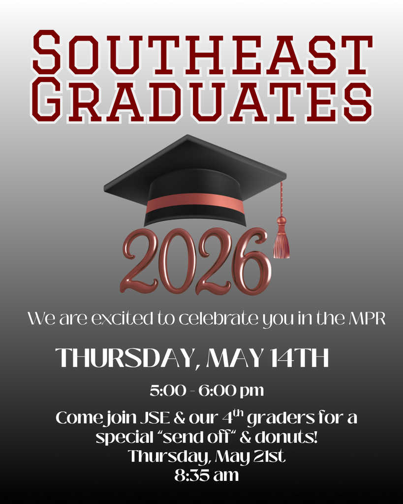 An invitation for Jenks 2026 Graduates inviting them to southeast elementary for a celebration on Thursday, May 14 from 5:00-6:00. Also come to a special send off (and donuts) on Thursday May 21 at 8:35. 