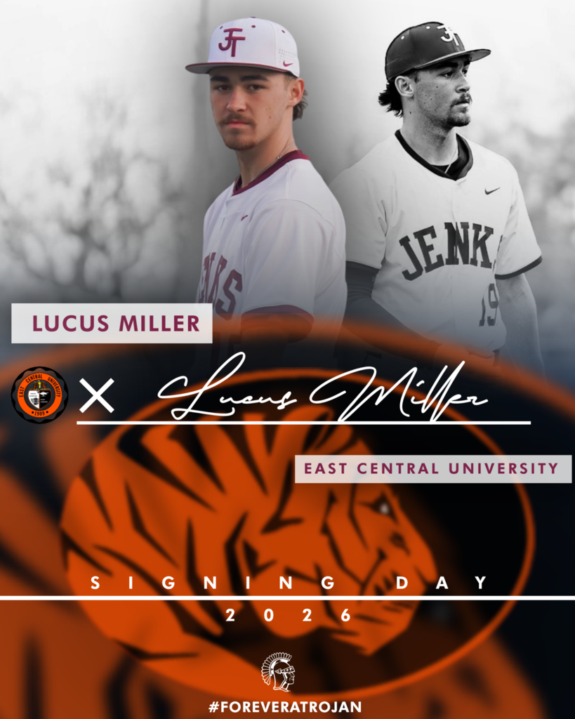Graphic announcing college signing day for student-athlete Lucas Miller. Centered in the image is a smiling student in a Jenks Trojans cheer uniform, shown in full color with a confident, celebratory pose. The background features a black-and-white stadium scene with fellow cheerleaders seated in bleachers holding pom-poms, creating depth behind the subject. Large text near the top displays “Lucas Miller.” Across the center is the East Central University Tigers logo alongside a stylized signature version of the student’s name. A banner beneath reads “East Central University.” Near the bottom, bold text states “Signing Day 2026,” followed by the hashtag “#ForeverATrojan” and a Trojan helmet icon. The design incorporates Jenks maroon and white accents paired with East Central University branding.