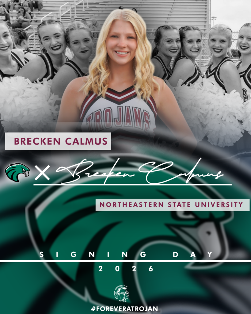 Graphic announcing college signing day for student-athlete Brecken Calmus. Centered in the image is a smiling blonde student wearing a Jenks Trojans cheer uniform, shown in full color with hands on hips in a confident stance. Behind her is a black-and-white background image of fellow cheerleaders posing in stadium bleachers holding pom-poms. Large text near the top reads “Brecken Calmus.” Across the middle is the Northeastern State University RiverHawks logo and a stylized signature rendering of her name. A banner below reads “Northeastern State University.” Near the bottom, bold text reads “Signing Day 2026,” followed by the hashtag “#ForeverATrojan” and a Trojan helmet icon. The design uses Jenks maroon and white accents paired with Northeastern State University green branding.