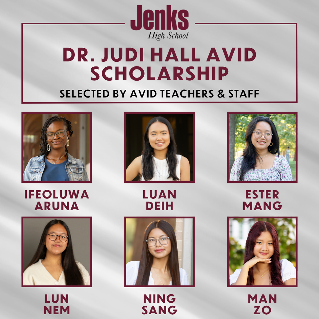 graphic annoucing the 6 dr judi hall avid scholarship selected by avid teachers and staff. ifeoluwa aruna, luan deih, ester mang, lun nem, ning sang, man zo won. they are pictured.