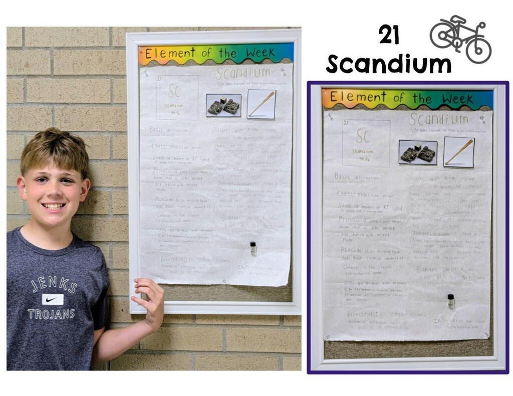 Student standing next to element poster