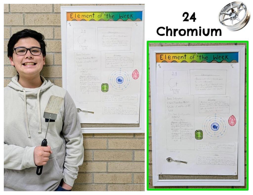 Student standing next to element poster
