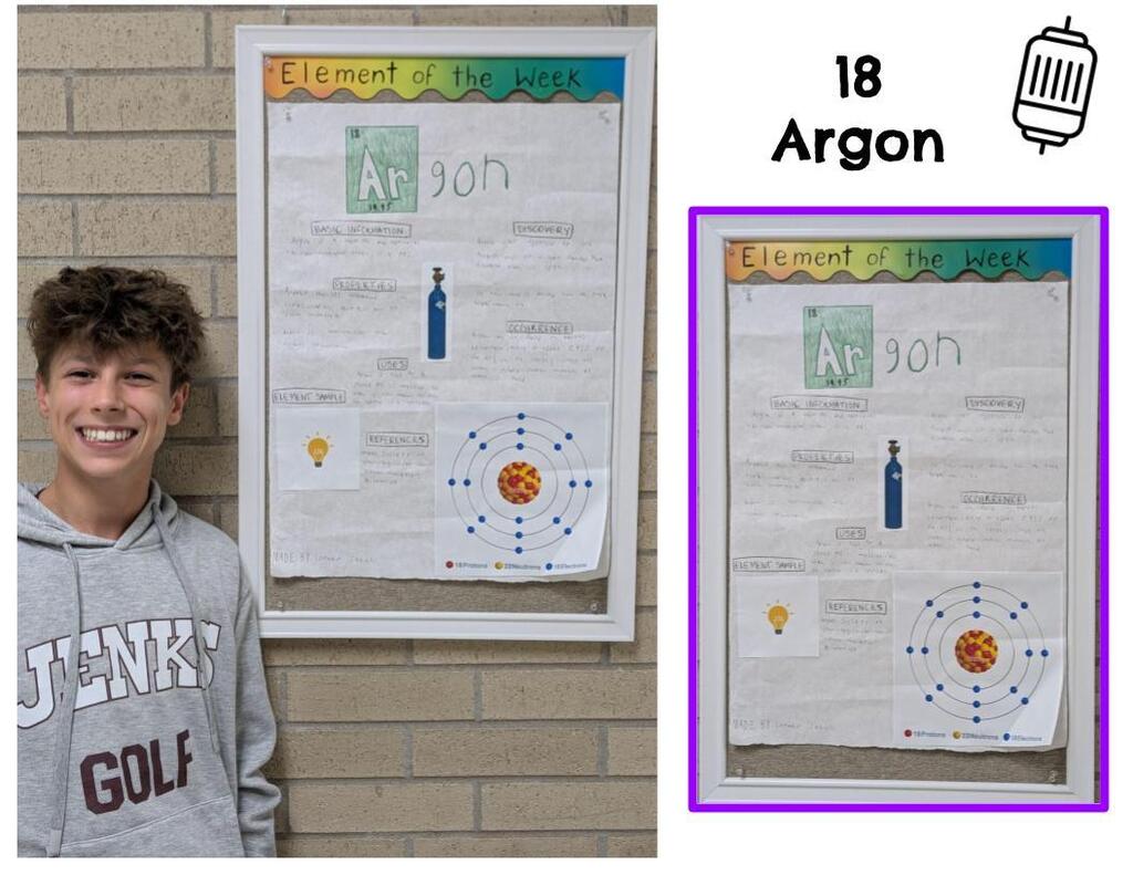 Student standing next to element poster