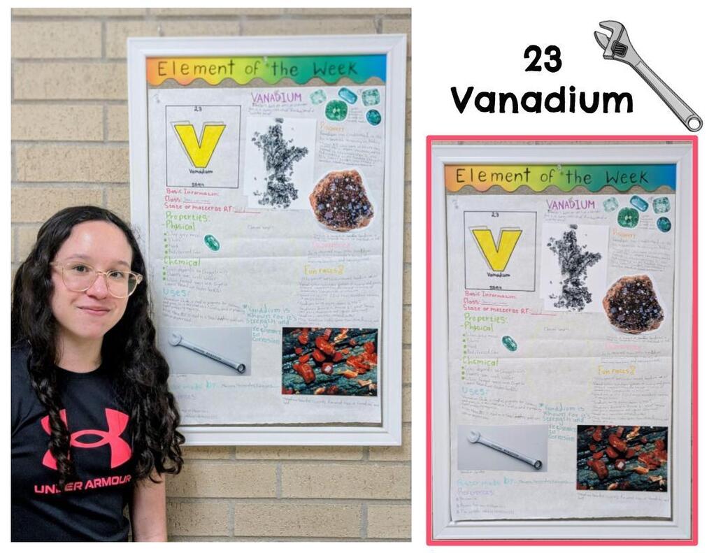 Student standing next to element poster