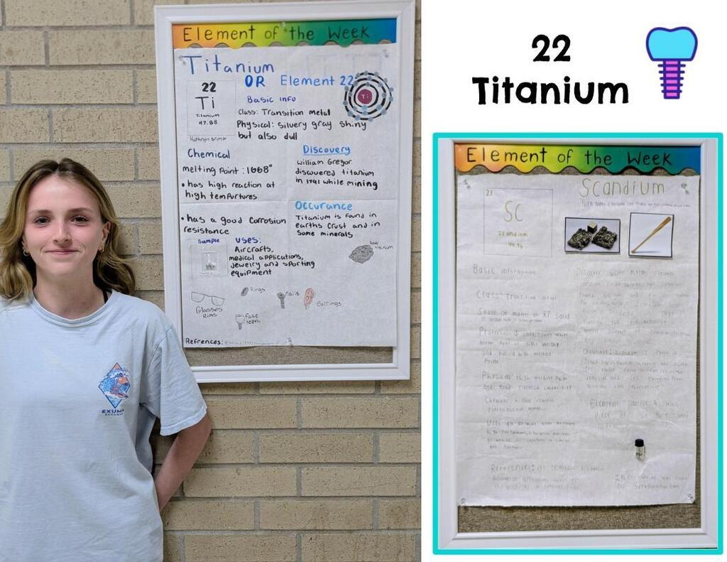 Student standing next to element poster