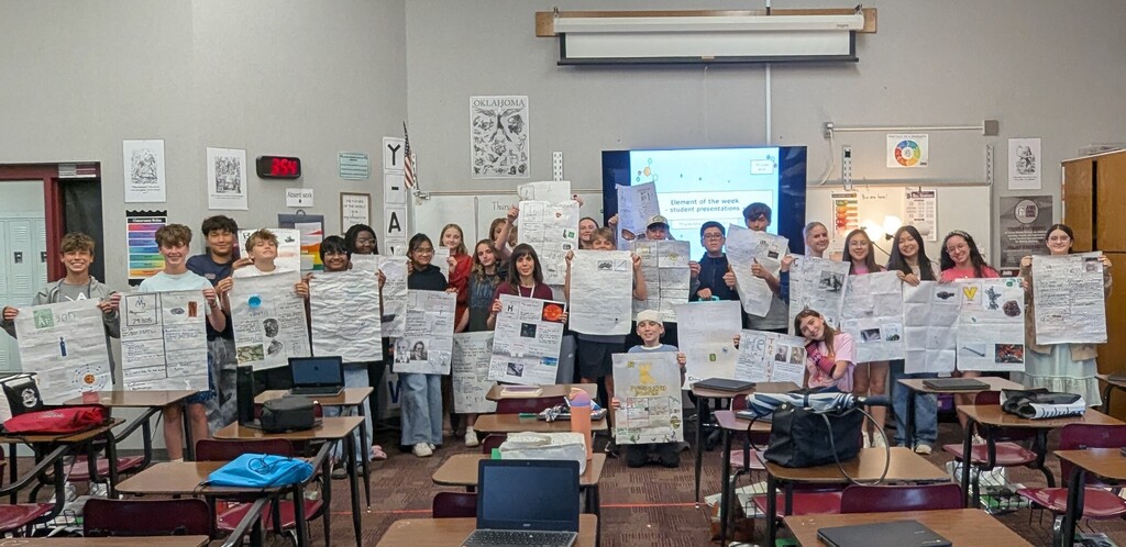Students holding their element posters