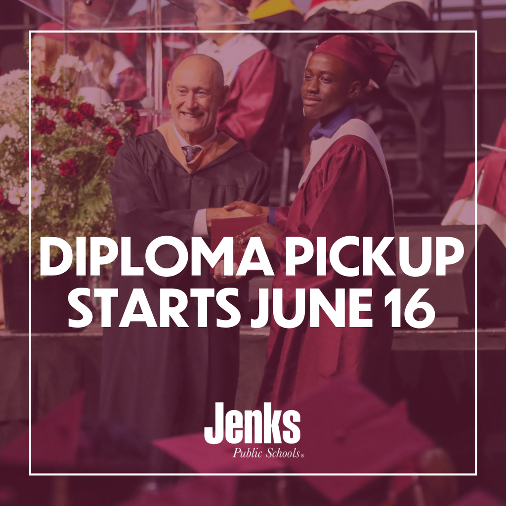 photo of a board member giving a diploma to a class of 2026 graduate on stage as they pose for a photo. text on top of the photo says Diploma pickup starts june 16