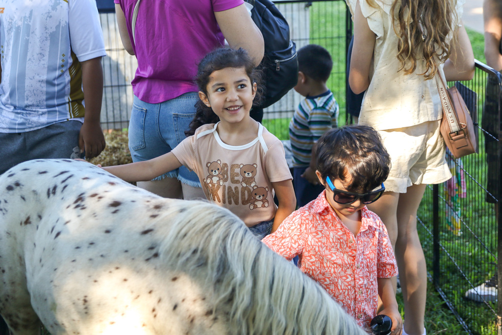 a girl and boy pet a pony. little girl is smiling looking at someone out of fram and the boy is looking at the pony
