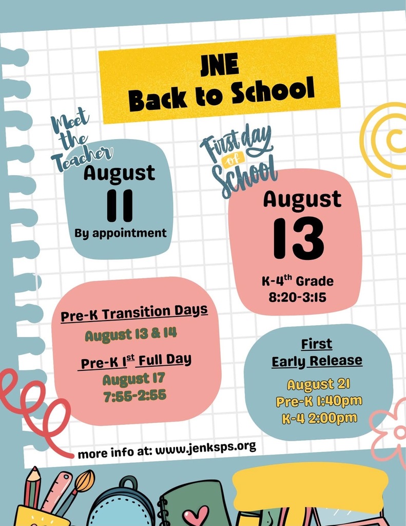 Back to School Information can be found at https://www.jenksps.org/o/jenksps/page/back-to-school-important-dates-and-information