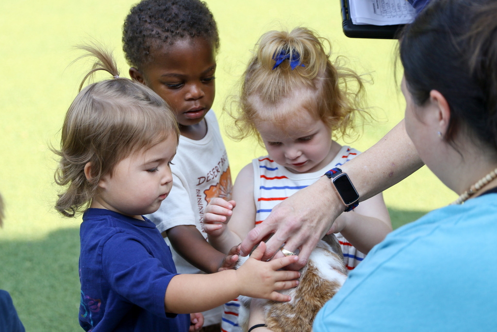 two little girls and a little boy petting a bunny being held by an adult