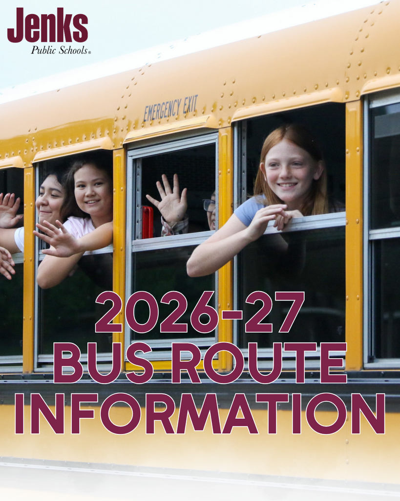 photo of students looking out the bus windows and waving. graphic has text on it that says 2026-27 bus route information