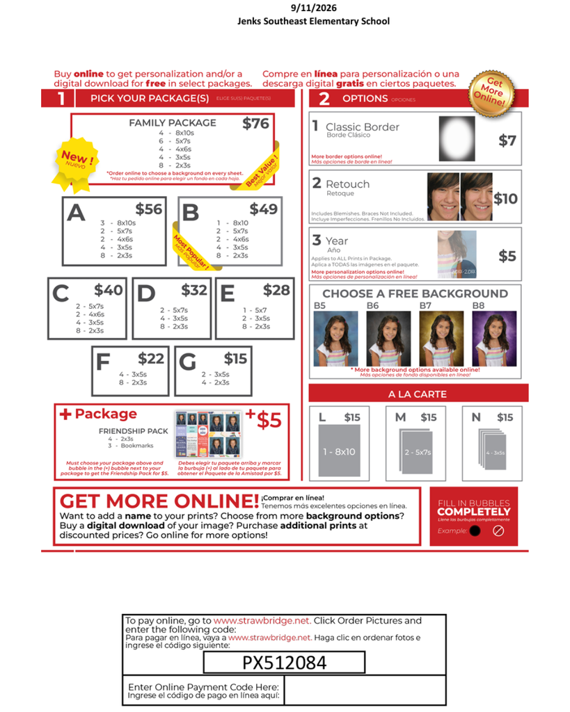 Flyer for student pictures with prices. There are 8 different packages, A-G. You can buy packages or a la carte.