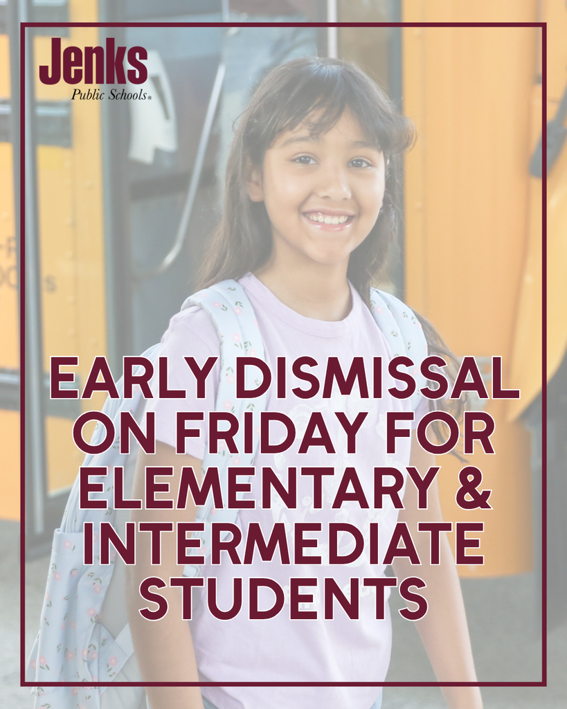 Girl by bus saying- Early dismissal on friday for elementary and intermediate students