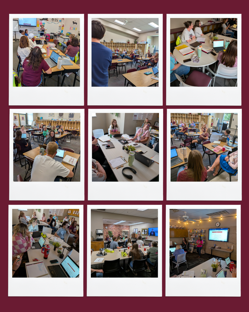 Grid of nine photos from the Professional Learning Teams during JWIs first early release day. Pictures of each group collaborating and developing norms and essential standards.