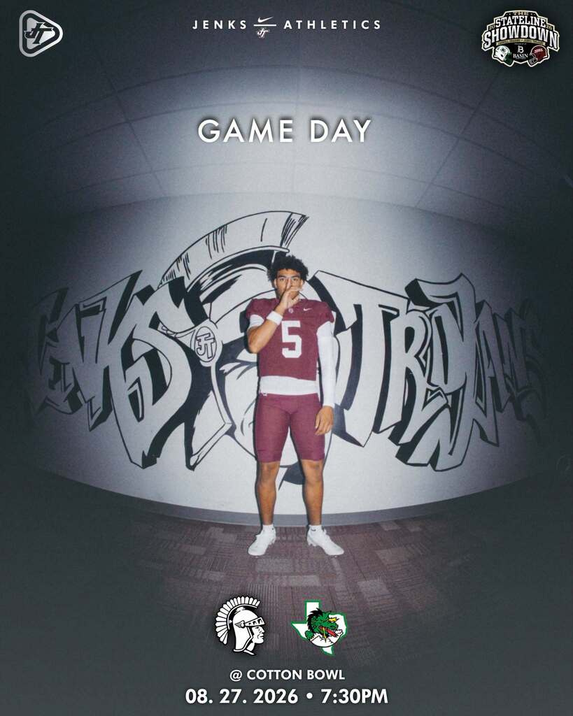 photo of a football plsyer against a wall that is graffitied to say jenks trojans. text on photo says jenks athletics game day trojans vs carroll dragons at cotton bowl 08.27.2026 at 7:30pm