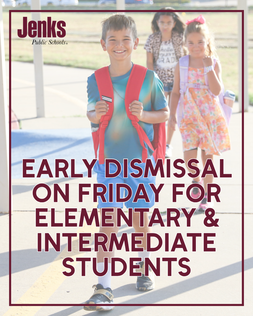 photo of a boy walking to the entrance of school grabbing on to his back pack straps on his shoulders. graphic says early dismissal on friday for elementary and intermediate students