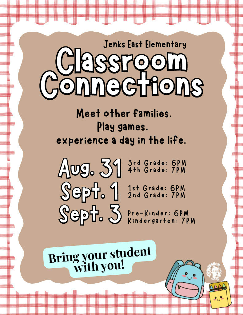 JEE Classroom connections. Meet other families. play games. experience a day in the life. Aug. 31, Sept 1. and Sept 3