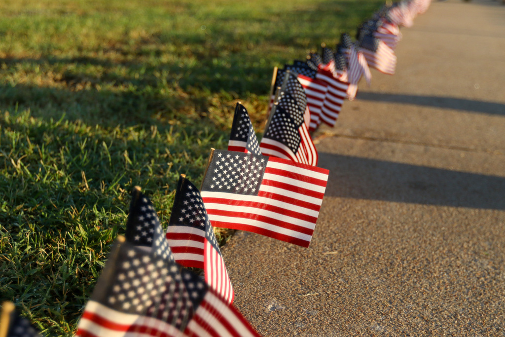 close up photo of the american flags in the ground