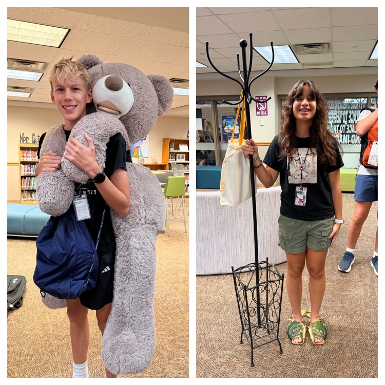 male student with a large stuffed bear as a backpack female student with a coat hanger as a backpack
