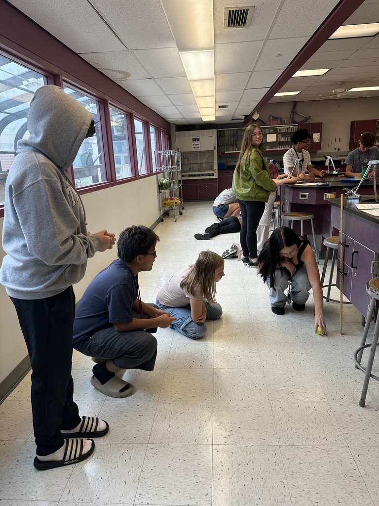 students looking toward a tennis ball experiment