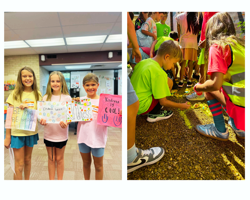 Three girls holding signs encouraging kindness & two students placing their kindness rocks in the garden bed