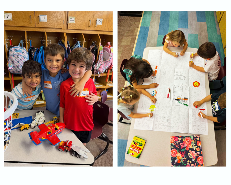 Three students hugging and wearing name tags & four students coloring at a table
