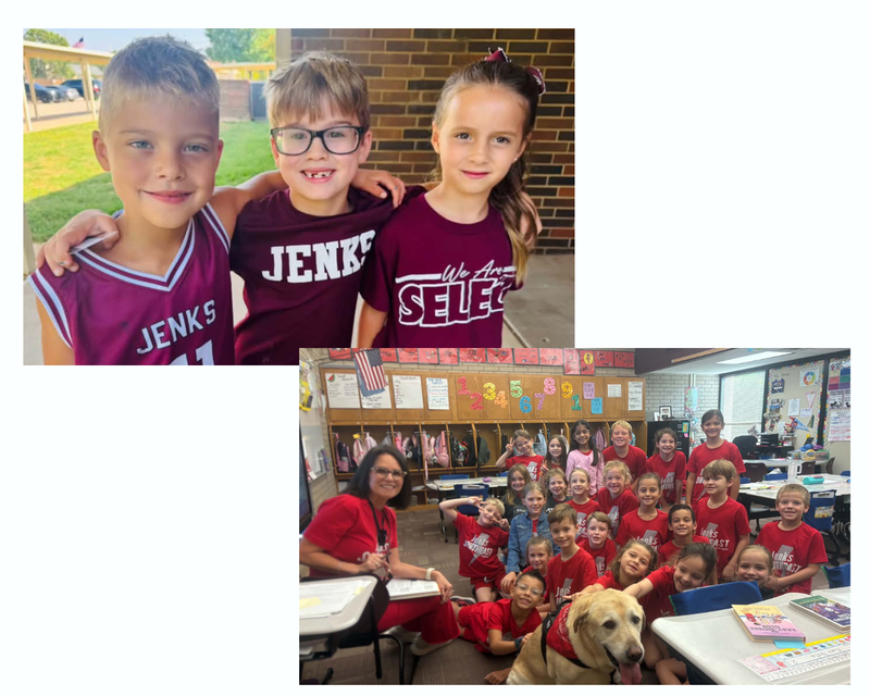 Three students in Jenks spirit wear & one classroom in red house team shirts