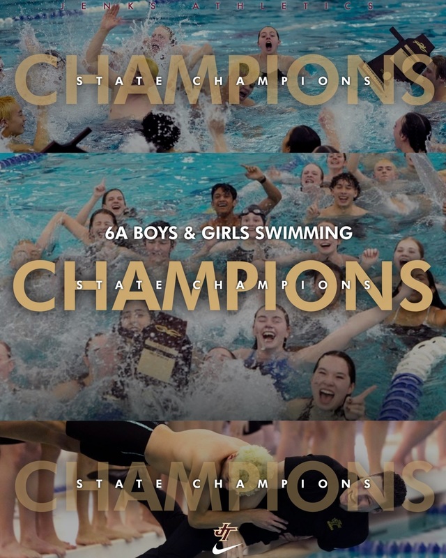 Graphic design showing Jenks boys and girls have both won the 2026 OSSAA swim state championships. In the backgrounds, kids are showing in the pool celebrating with the trophies