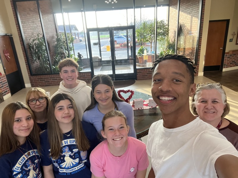 Spanish students and Maria Boscan at Grace Living Center, delivering good bags for Valentines Day.