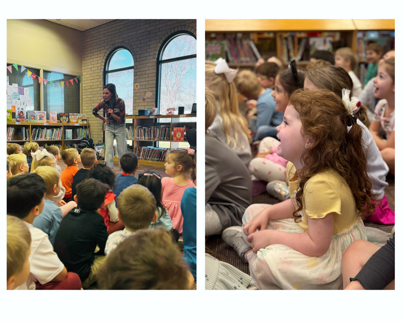 Images of Author presenting to a group of students and a student laughing in the group