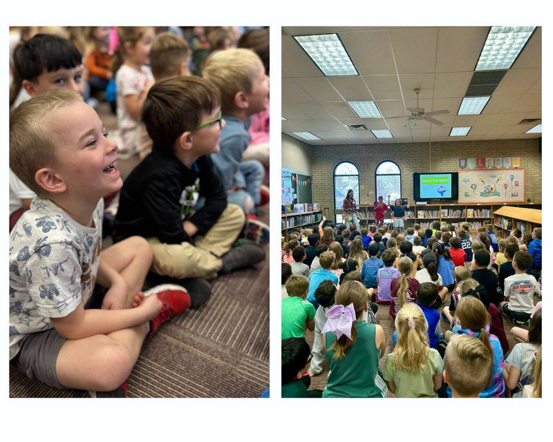 Students watching an author presentation and a boy laughing with a group of students