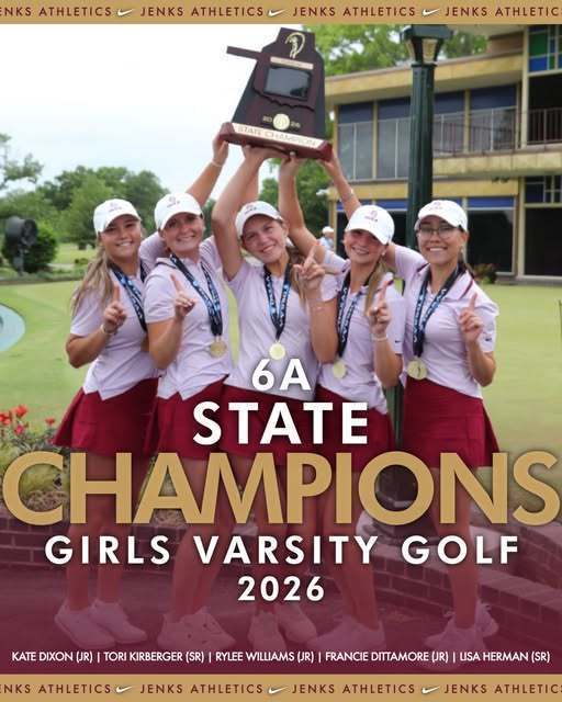 An graphic showing the Jenks girls golf team holding up the 2026 state champion trophy on the course after winning the title