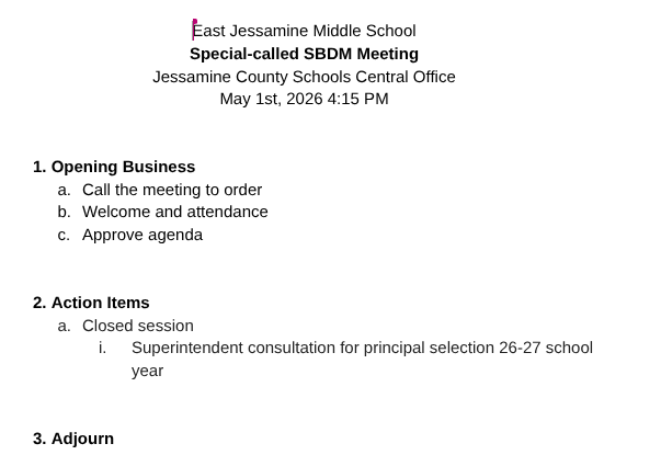 SBDM Special Called meeting agenda