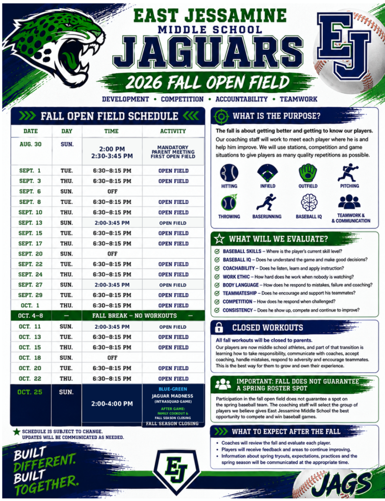 2026 EJMS baseball open field schedule.