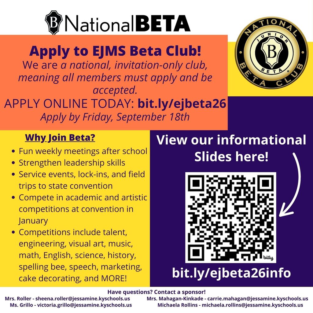 BETA Club recruitment flier with QR code linked to further information.