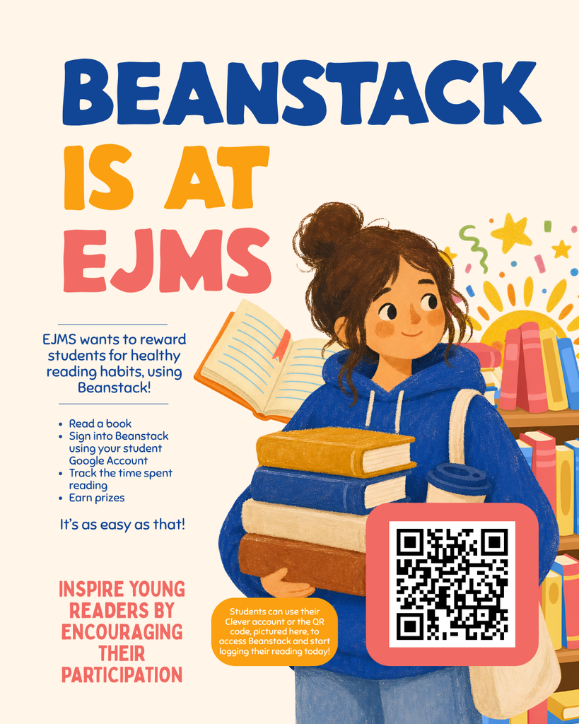 infographic about EJMS's BEanstack reading program. Students can either use their shcool Clever account or the pictured QR code to access their reading log.