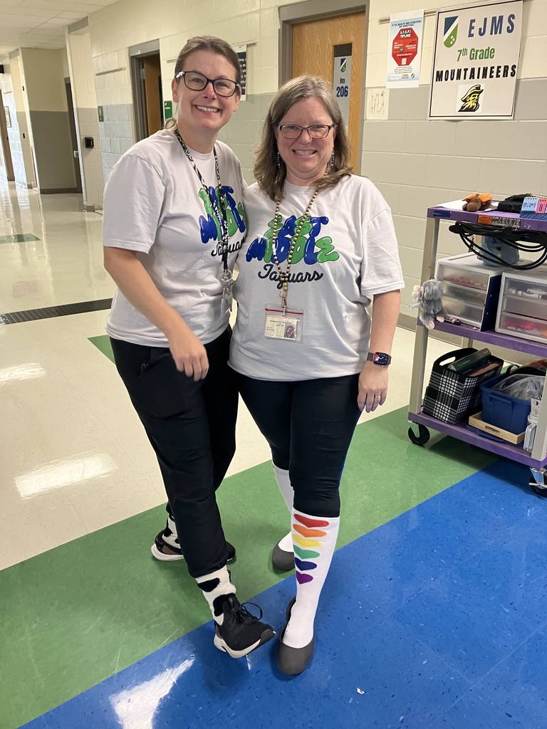 Mrs. Jones and Mrs. Roller displaying matching levels of positivity for our wacky sock day, honoring Safe Schools Week.